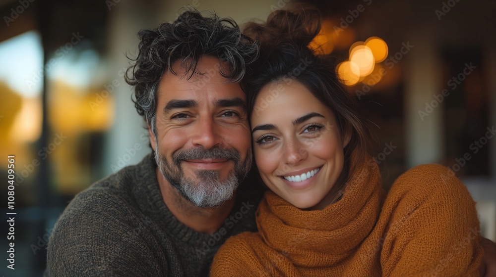 A joyful couple shares a warm embrace indoors, with cozy sweaters and glowing lights in the background. A joyful couple shares a warm embrace indoors, with cozy sweaters and glowing lights in the background.