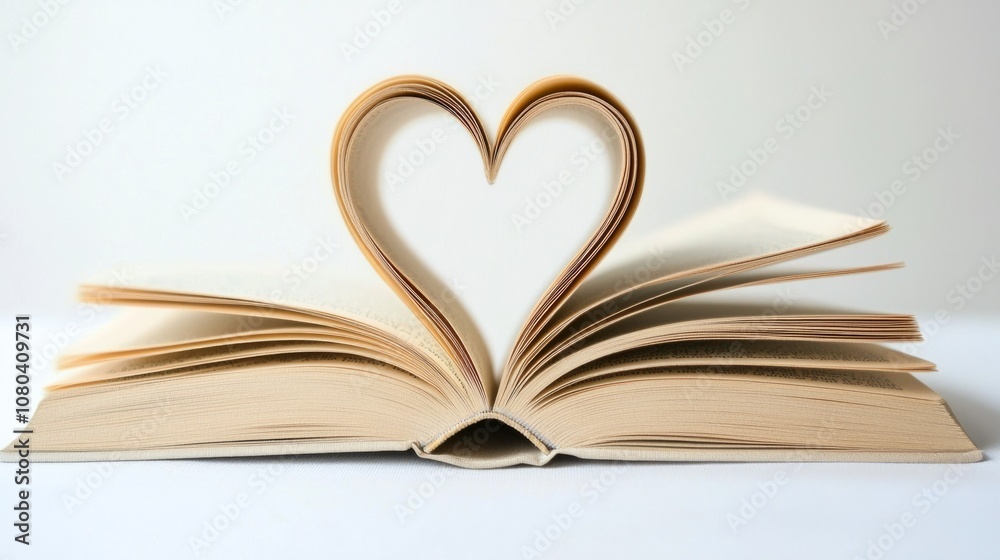 A heart-shaped design created by an open book with its pages slightly curled, set against a plain background A heart-shaped design created by an open book with its pages slightly curled, set against a plain background
