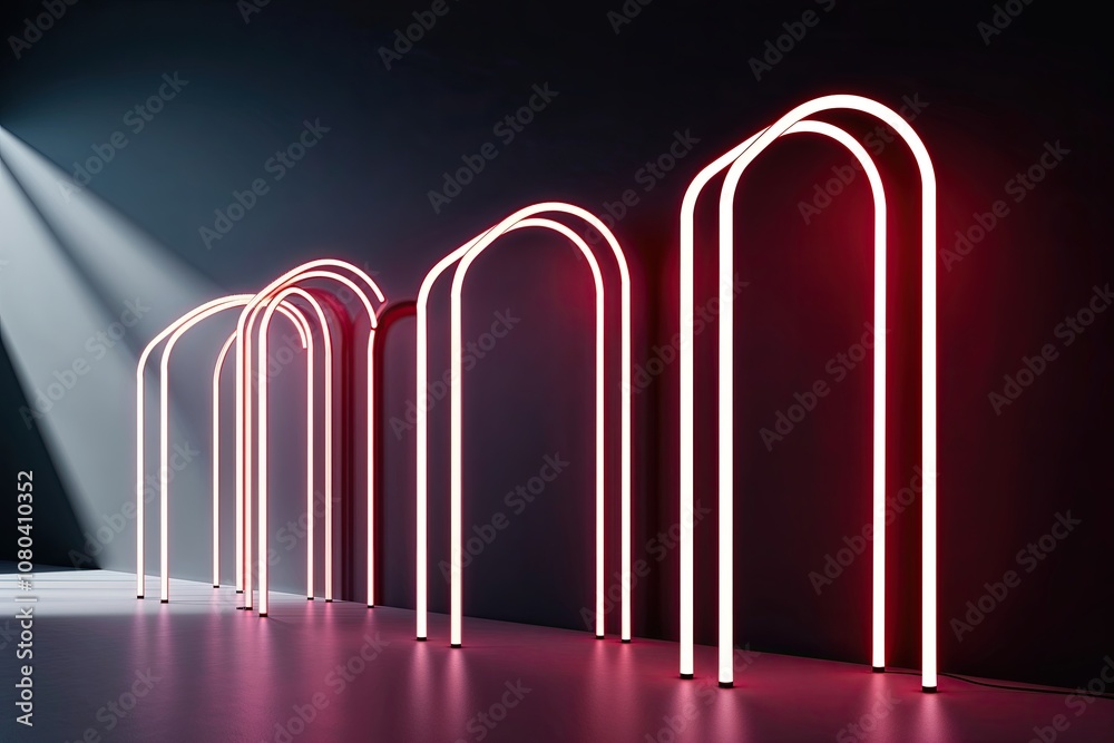 3D Neon Arcs Glowing on a Shadowy Backdrop in a Dynamic Panoramic Creation 3D Neon Arcs Glowing on a Shadowy Backdrop in a Dynamic Panoramic Creation