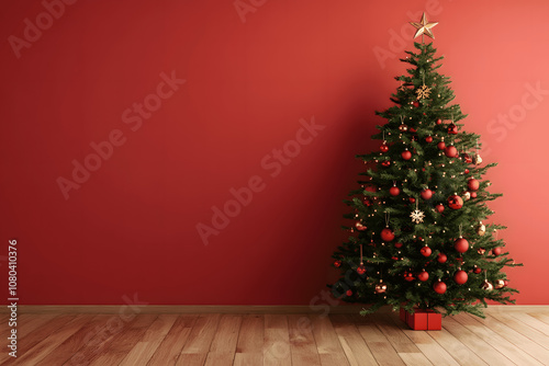 Christmas tree in Modern design room interior. Concept of new year and celebration. Blank empty mock up red wall background.