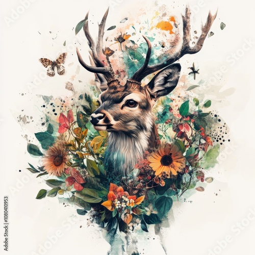 A captivating illustration of a deer with antlers, surrounded by colorful flowers and butterflies, blending nature and art. photo