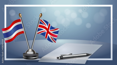 Thailand and United Kingdom Small national flag on bokeh background, cooperative relationship