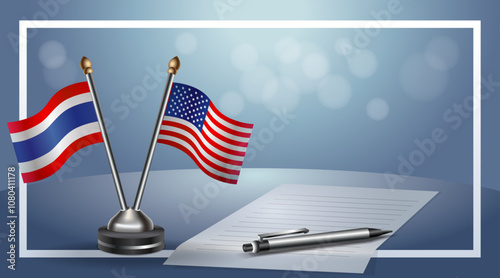 Thailand and USA Small national flag on bokeh background, cooperative relationship