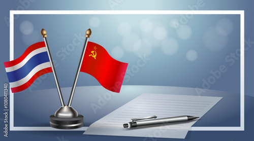 Thailand and USSR Small national flag on bokeh background, cooperative relationship
