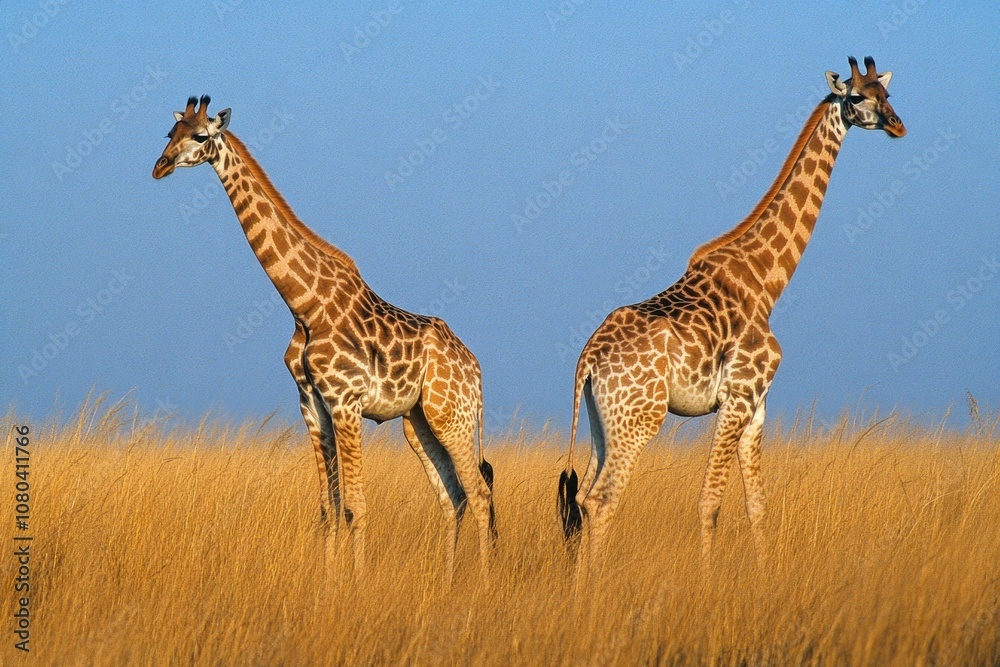 Obraz premium Two Giraffes in Tall Grass Under Clear Blue Sky