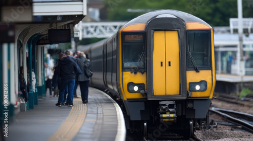 Train approaching a busy platform as commuters wait at a local station in the early morning hours