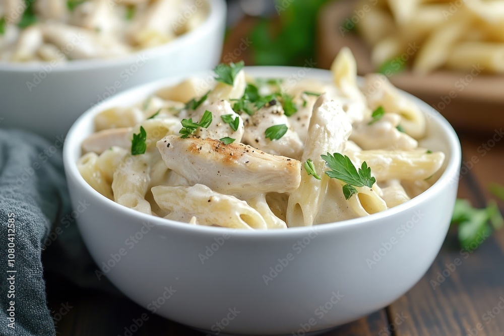 Creamy Pasta with Chicken and Herbs in Bowl Creamy Pasta with Chicken and Herbs in Bowl
