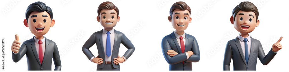 3D Businessman characters various expression. Four animated characters in business attire, each displaying different expressions and poses, suggesting professionalism and adaptability. 3D Businessman characters various expression. Four animated characters in business attire, each displaying different expressions and poses, suggesting professionalism and adaptability.