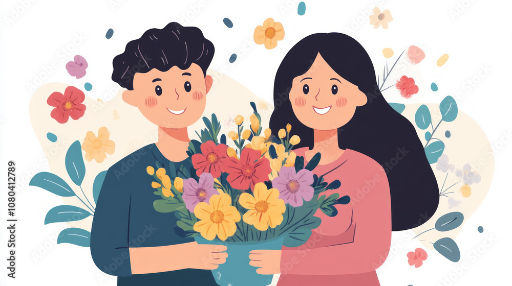 A couple joyfully celebrating Women's Day by holding a vibrant bouquet of flowers amidst blooming floral decorations A couple joyfully celebrating Women's Day by holding a vibrant bouquet of flowers amidst blooming floral decorations