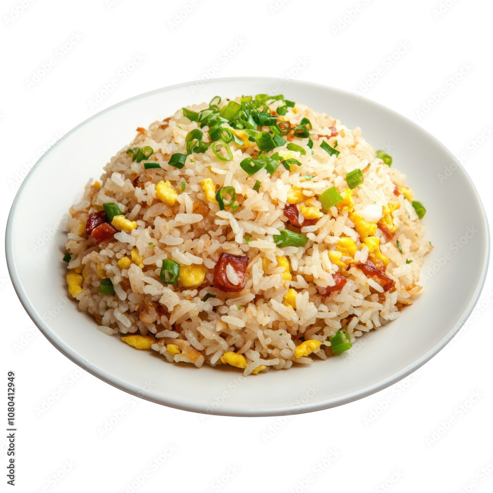 Egg Fried Rice with Vegetables and Green Onion Garnish on White Plate for Asian Dish PNG Icon on transparent background Egg Fried Rice with Vegetables and Green Onion Garnish on White Plate for Asian Dish PNG Icon on transparent background