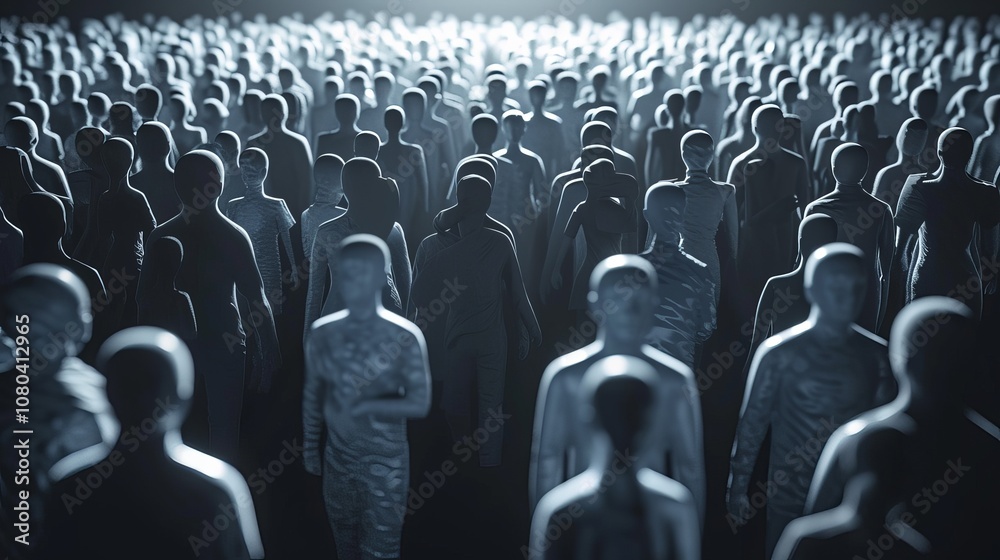 Obraz premium A large crowd of people gather in a dark space, illuminated by a single light source.
