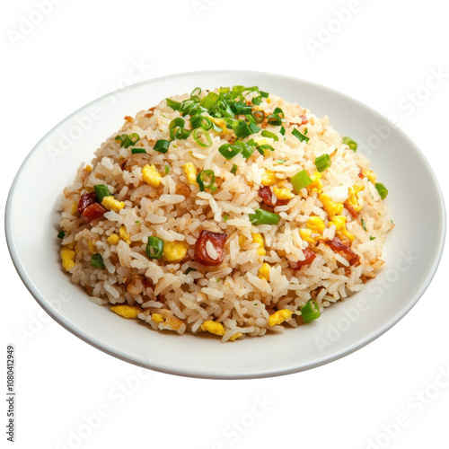 Egg Fried Rice with Vegetables and Green Onion Garnish on White Plate for Asian Dish PNG Icon on transparent background