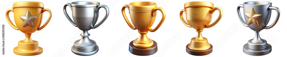 Victory award collection. Five distinct trophies in silver and gold, showcasing a variety of designs, perfect for awards and achievements. Victory award collection. Five distinct trophies in silver and gold, showcasing a variety of designs, perfect for awards and achievements.