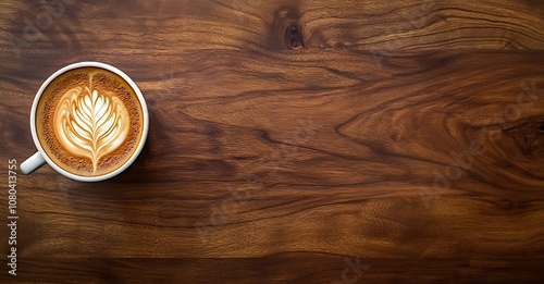 Cappuccino coffee with latte art on a wooden table, top view, flat lay background. Generative AI