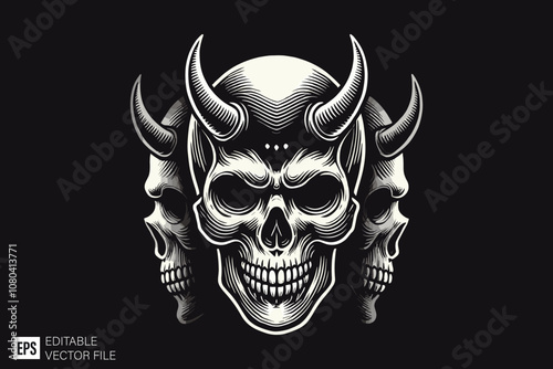 skull demon head dark art style vector design black and white illustration