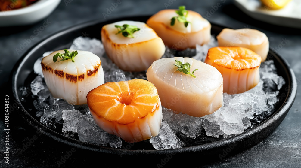 Plate of fresh raw scallops on ice garnished with microgreens in a dark setting, showcasing seafood delicacy. Plate of fresh raw scallops on ice garnished with microgreens in a dark setting, showcasing seafood delicacy.