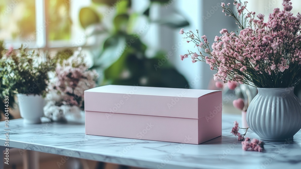 Fototapeta premium A pink box on a marble table surrounded by flowers.