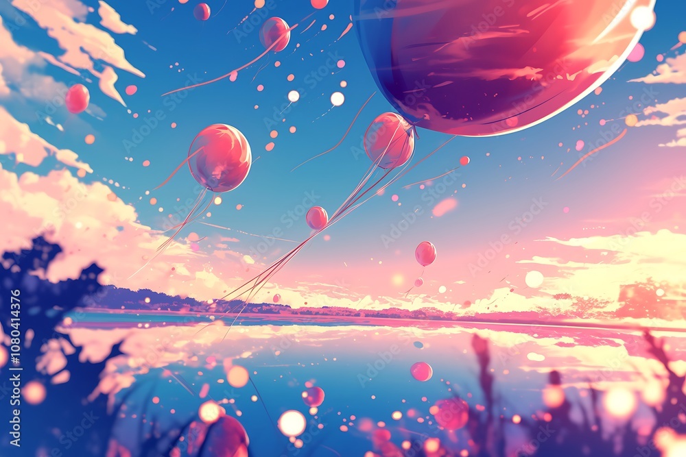 Fototapeta premium Pink Balloons Floating in a Dreamy Sunset Sky
