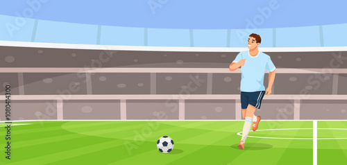 A soccer player jogging with a ball on the field in a stadium. Vector illustration