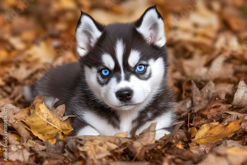 Cute Husky Puppy in Autumn Leaves