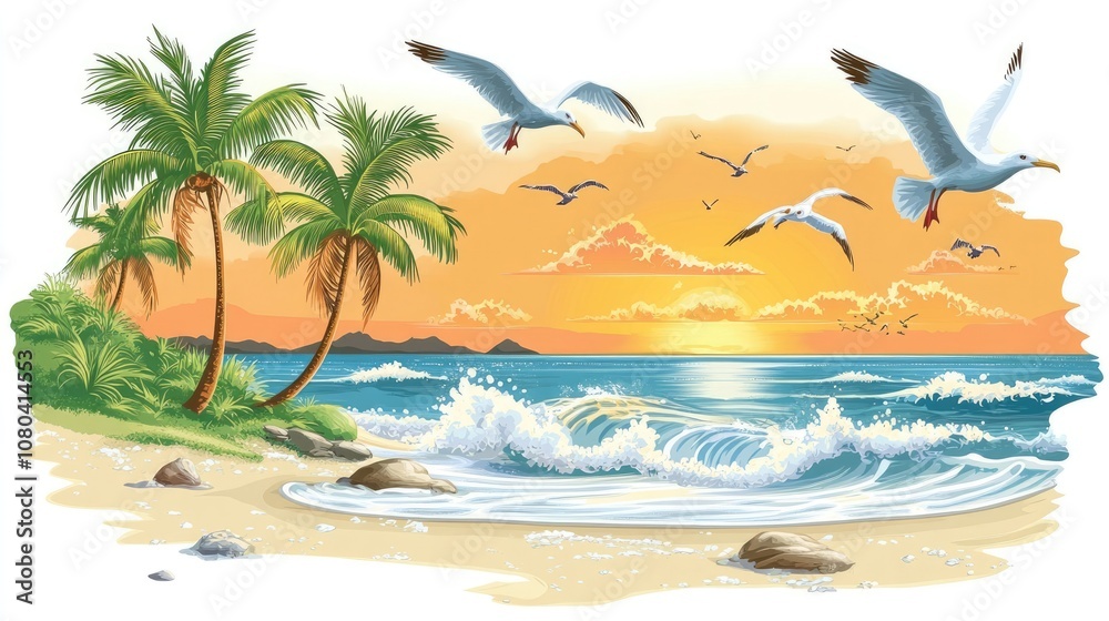 Fototapeta premium Tropical Beach with Palm Trees, Seagulls, and Sunset Waves in Vector Style