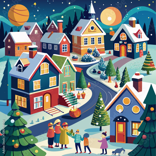 A cozy winter village with colorful houses, snow-covered trees