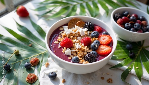 Creamy acai bowl topped with granola, berries, and coconut flakes on tropical leaves