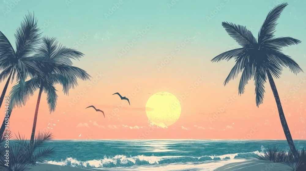 Fototapeta premium Tropical Beach with Palm Trees, Seagulls, and Sunset Waves in Vector Style