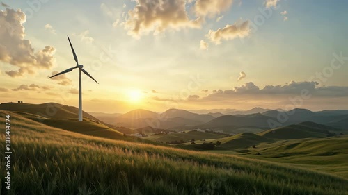 Wind Turbine in Green Landscape at Sunset