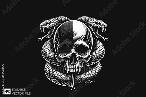 skull head dark art style vector design black and white illustration