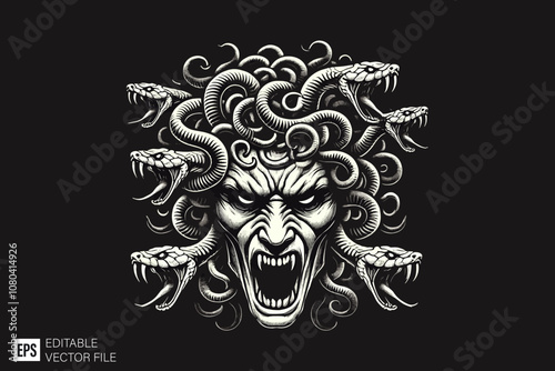 medusa illustration dark art style vector design black and white