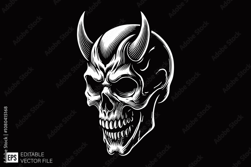 Obraz premium skull demon head dark art style vector design black and white illustration