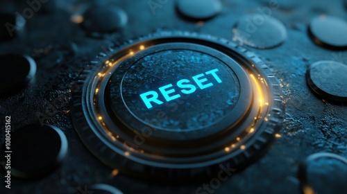 Obraz na płótnie Blue glowing reset button on metallic background, RESET banner background, 3D rendering