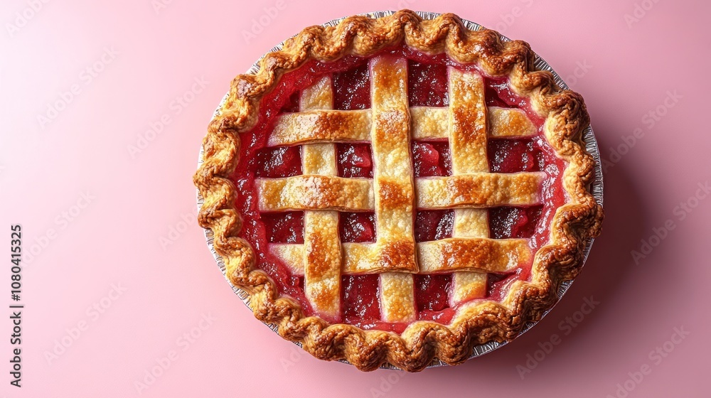 A delicious cherry pie with a lattice crust on a pink background. A delicious cherry pie with a lattice crust on a pink background.