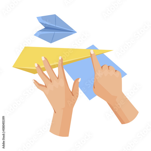 Hands folding colored paper into airplanes on a white background. Vector illustration