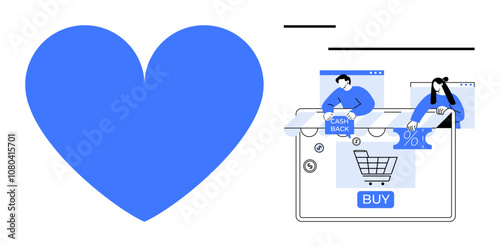 Large blue heart symbol alongside digital shopping scene with people engaging in online purchases and discounts. Ideal for e-commerce, digital payments, marketing, customer loyalty, online sales