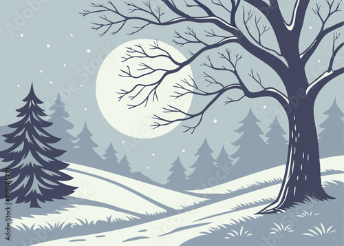 Winter Landscape with Full Moon - Vector Background Illustration.