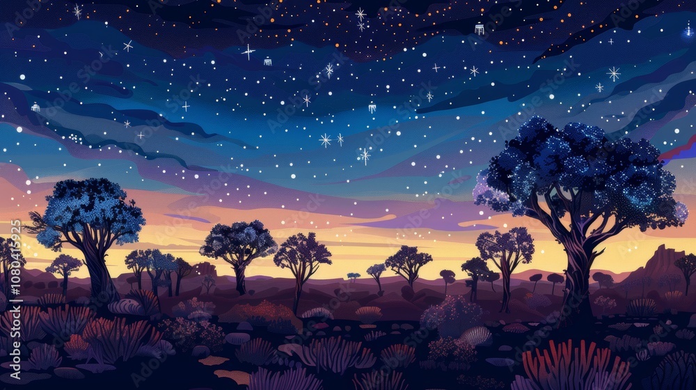 Fototapeta premium Twilight Forest Landscape with Stars and Trees