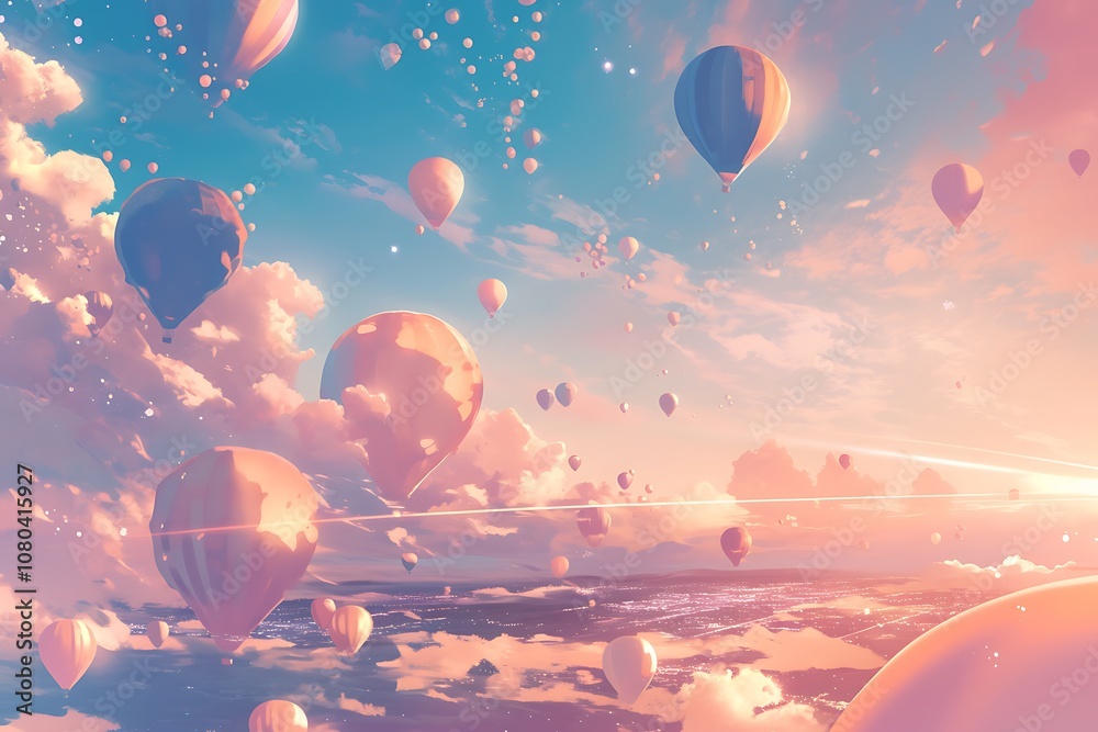 Fototapeta premium A Sky Filled with Hot Air Balloons at Sunset