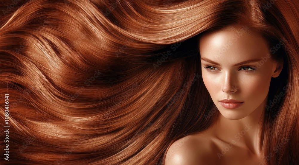 Obraz premium A close-up of a woman's radiant, flowing red hair, emphasizing shine and texture, set against a warm backdrop.