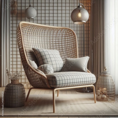 GRID CHAIR A chair with a grid like pattern of cushions and pill photo