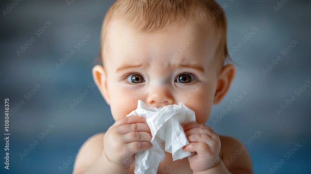 The close up image captures a baby's face as they hold a tissue delicately in their tiny hands, showcasing a moment of innocence and vulnerability. The close up image captures a baby's face as they hold a tissue delicately in their tiny hands, showcasing a moment of innocence and vulnerability.