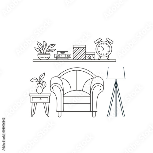 a drawing of a living room with a chair and a lamp.