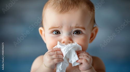 The close up image captures a baby's face as they hold a tissue delicately in their tiny hands, showcasing a moment of innocence and vulnerability.