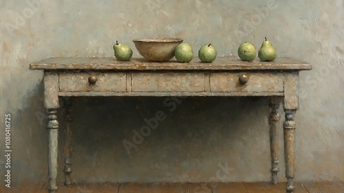 Still Life with Pears, Bowl, and Wooden Table photo