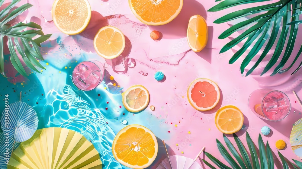 A pink background with a bunch of fruit including oranges and lemons. There are also some umbrellas in the background A pink background with a bunch of fruit including oranges and lemons. There are also some umbrellas in the background