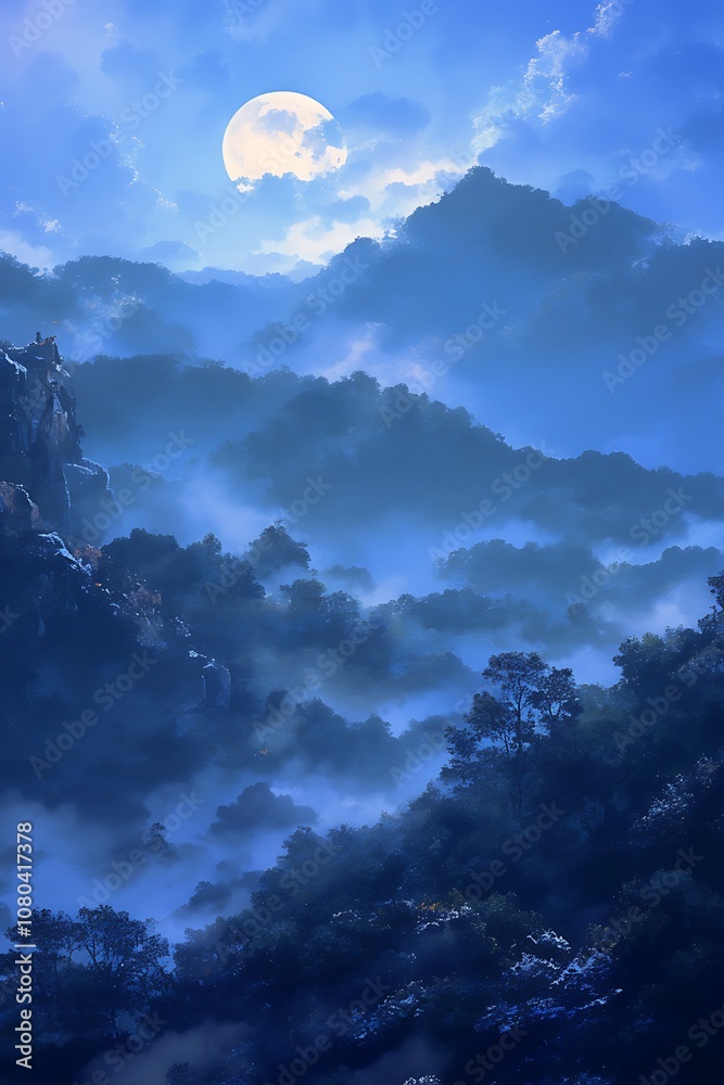 Fototapeta premium Misty Mountain Range Underneath a Full Moon