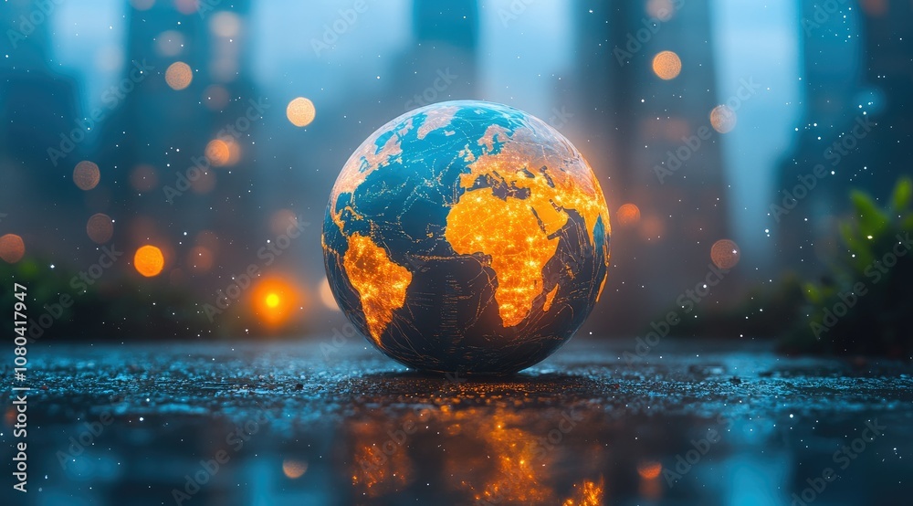 Fototapeta premium A glowing Earth globe in the city at night.