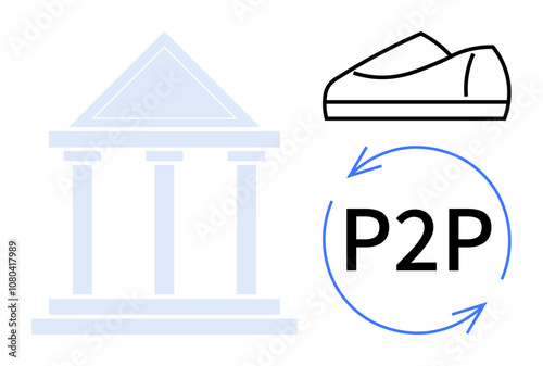 Bank building, wallet, and circular arrows around P2P text signifying peer-to-peer transactions. Ideal for finance, online payments, cryptocurrency, money transfer, banking apps, fintech services