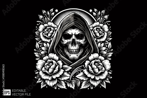 grim reaper illustration dark art style vector design black and white illustration